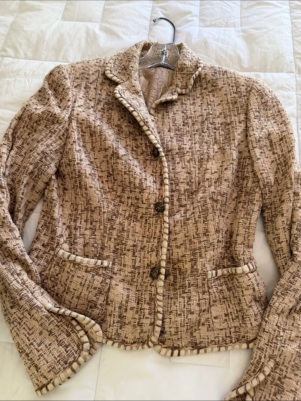 Elie Tahari Beige Tweed Braided-Trim Blazer